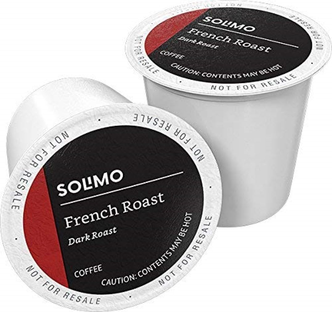 Solimo French Roast pod in cup for a bold morning boost with smoky notes