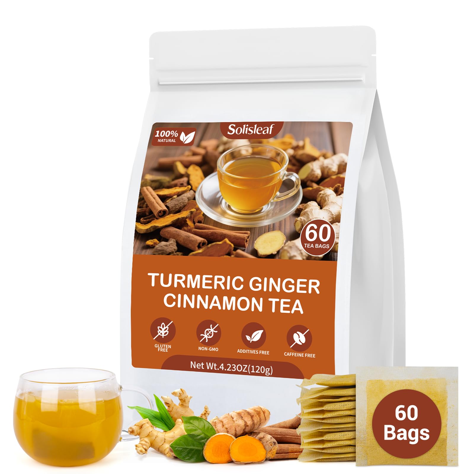 Solisleaf turmeric-ginger-cinnamon tea bags pack for daily digestion support.