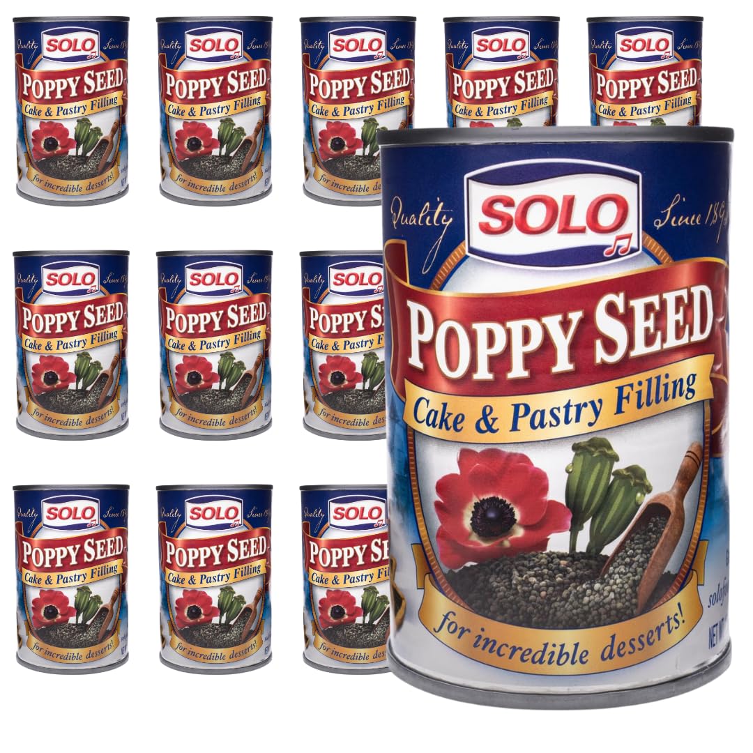 SOLO Poppy Seed Filling front label highlights gluten-free status and ready-to-use convenience.