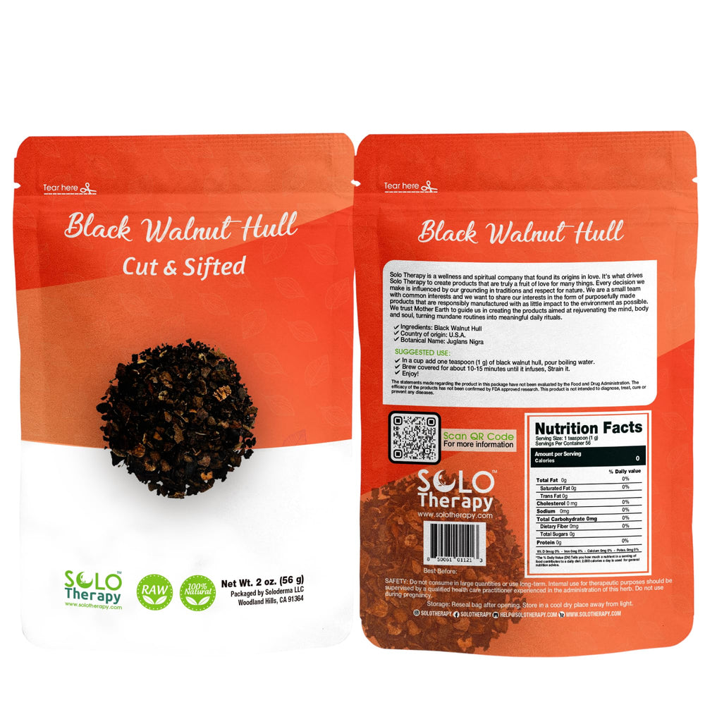 Solo Therapy Black Walnut Hull Tea in resealable bag for fresh, convenient storage