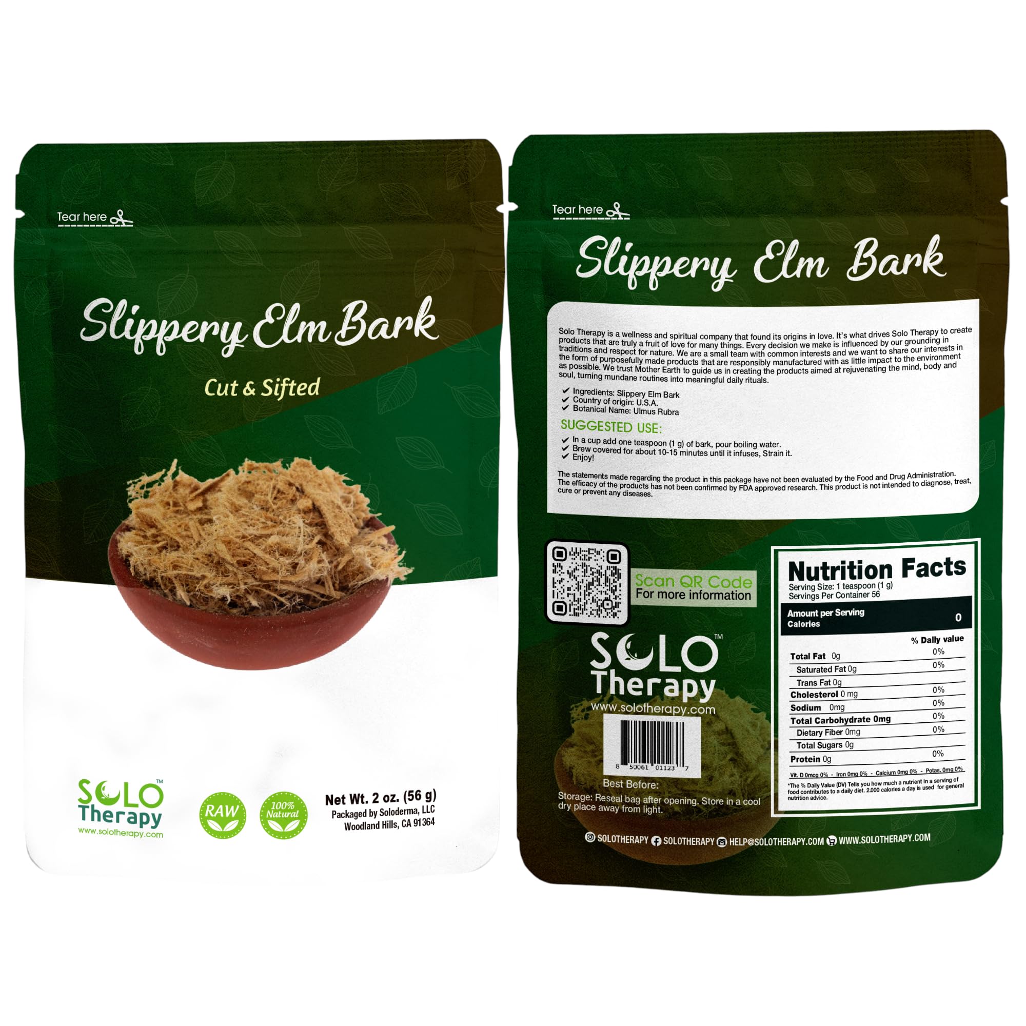 Solo Therapy slippery elm tea bark in a resealable bag ready for easy brewing.