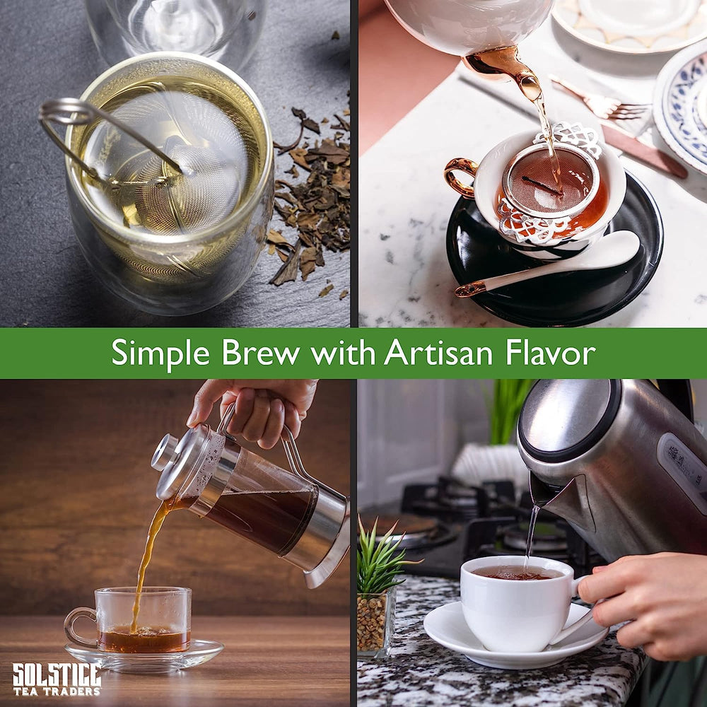 Solstice Tea Traders brewing a cup from loose leaf Sencha reveals mild flavor