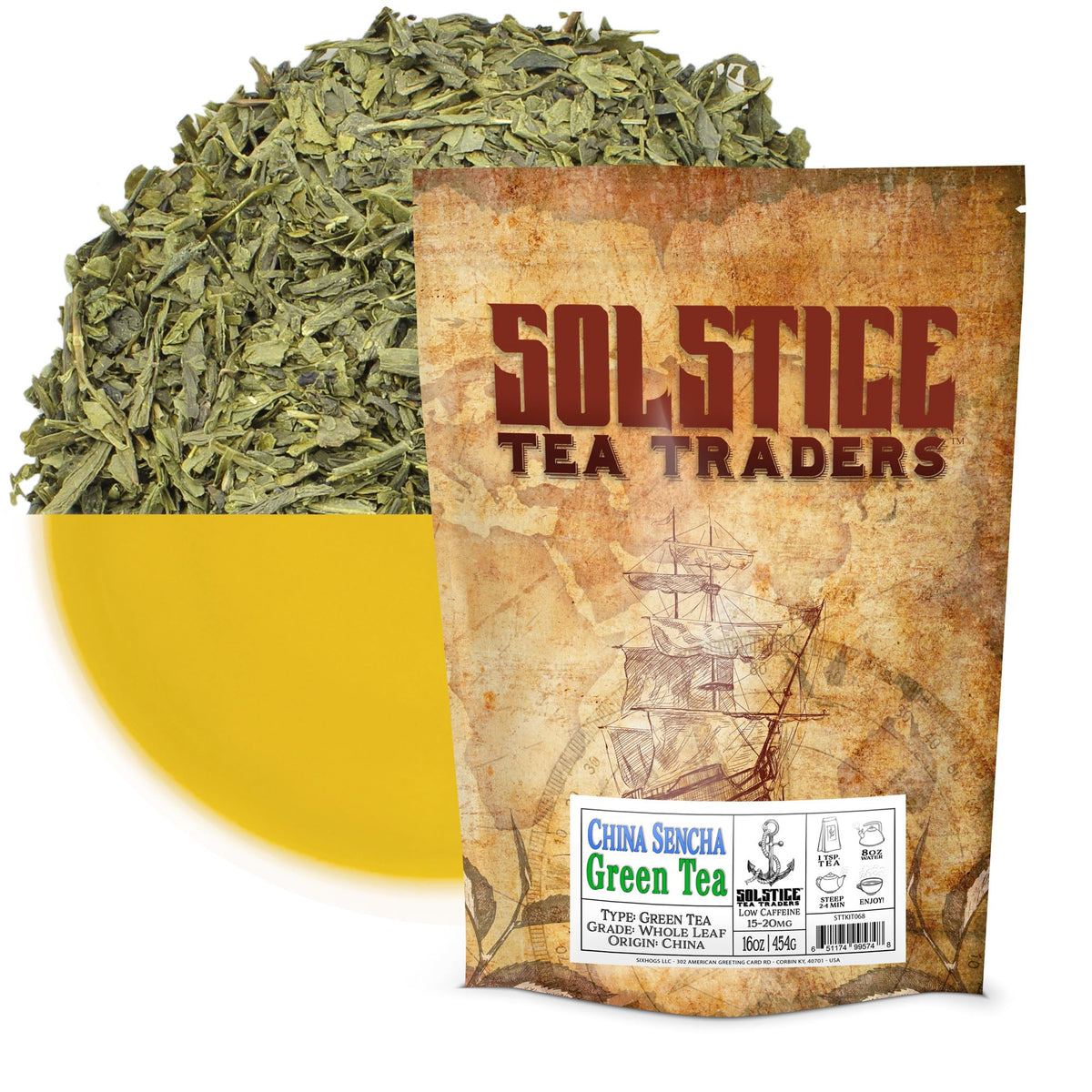 Solstice Tea Traders Sencha green tea bag closeup highlights convenient daily brew