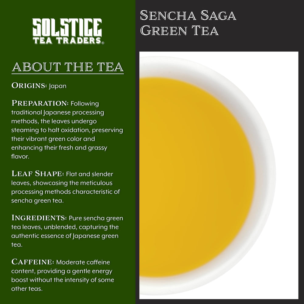 Solstice Tea Traders traditional Sencha leaf shows flat shiny leaves for authentic brew