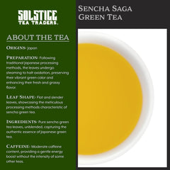 Solstice Tea Traders traditional Sencha leaf shows flat shiny leaves for authentic brew