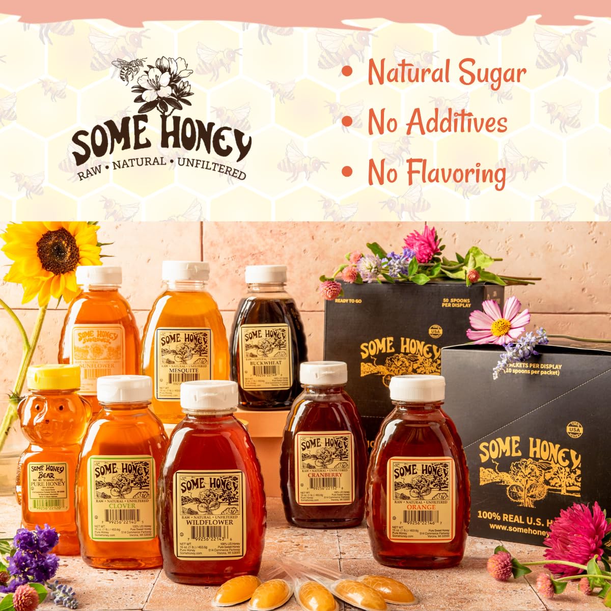 Some Honey Buckwheat Honey packaging display emphasizes large 80oz jar value.