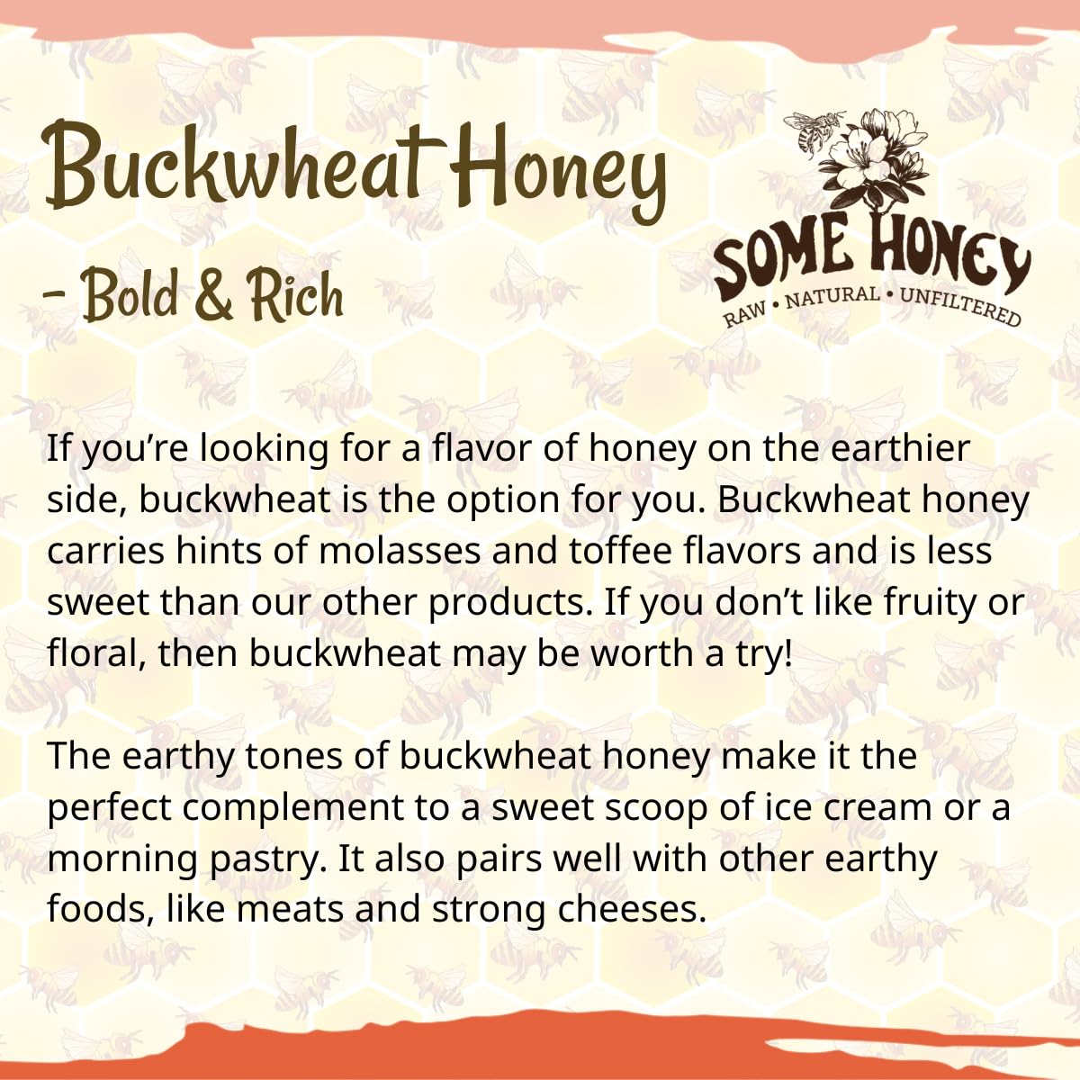 Some Honey Buckwheat Honey being poured to illustrate raw, unfiltered texture for tea and baking.