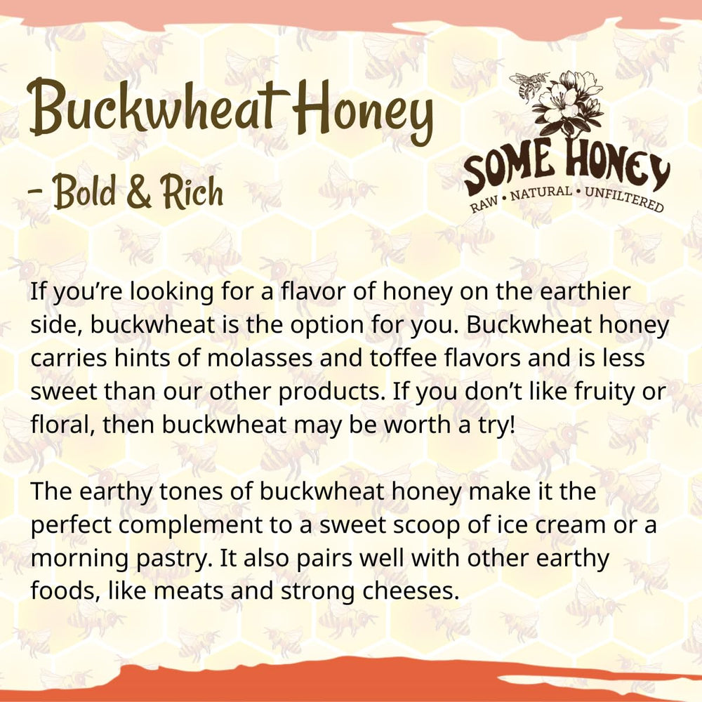 Some Honey Buckwheat Honey being poured to illustrate raw, unfiltered texture for tea and baking.