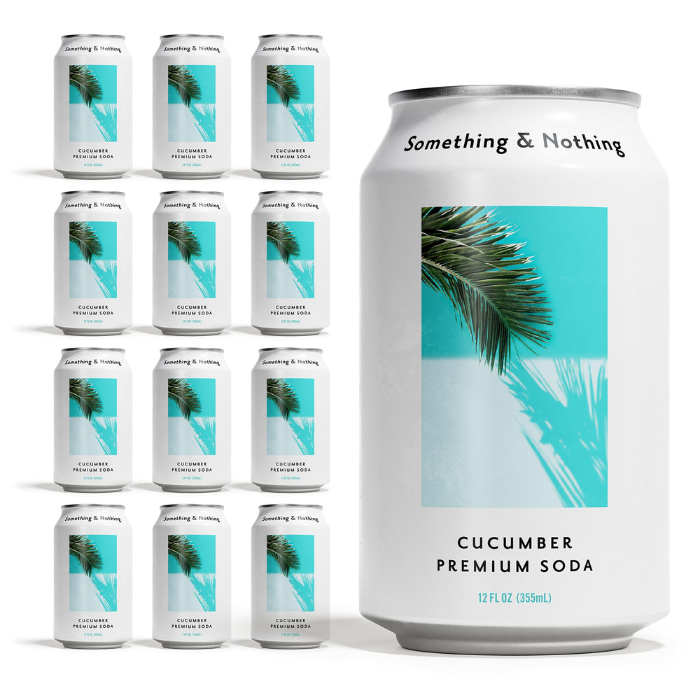 Something & Nothing cucumber sparkling water can, refreshing vegan low-calorie option.
