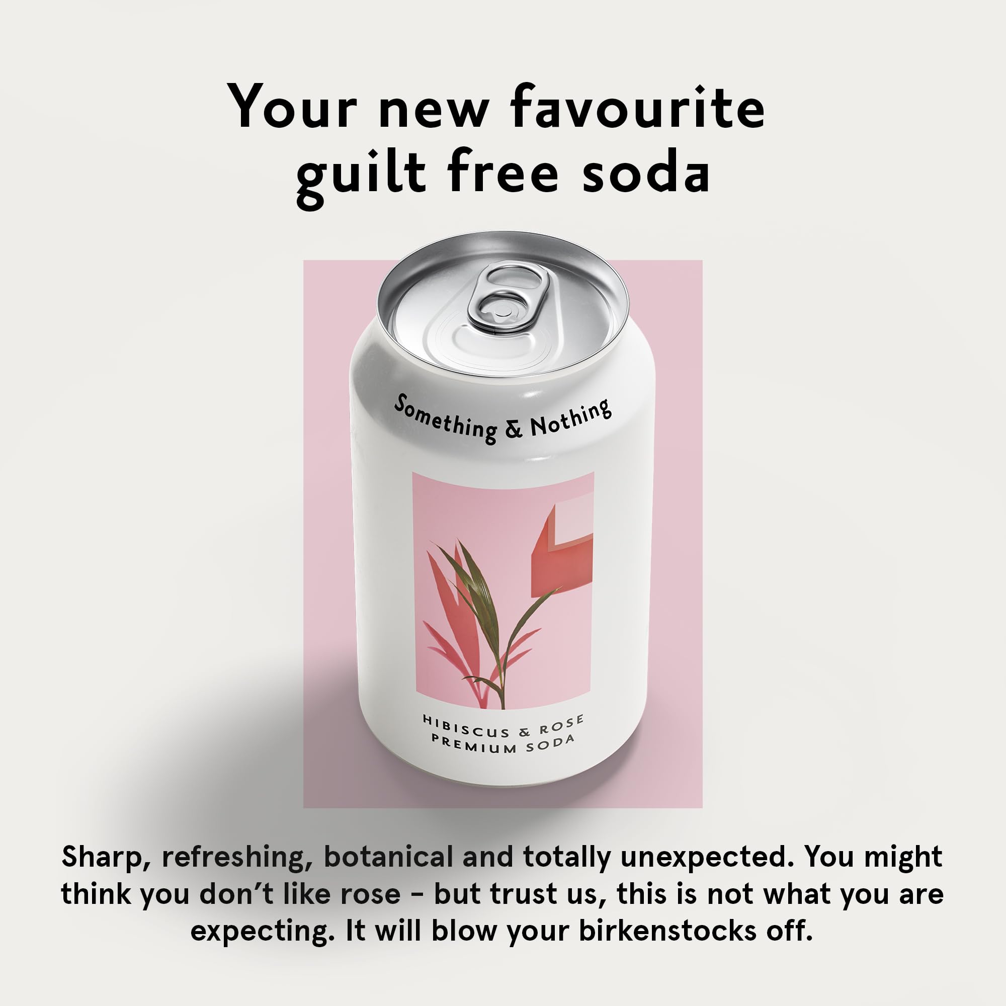 Something & Nothing hibiscus-rose sparkling water can label close-up, natural ingredients.