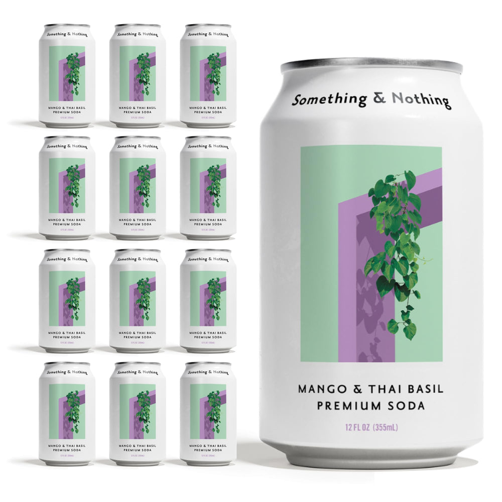 Something & Nothing Mango Thai Basil sparkling water can front view, refreshing tropical flavor.