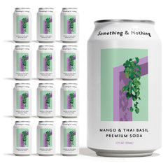 Something & Nothing Mango Thai Basil sparkling water can front view, refreshing tropical flavor.