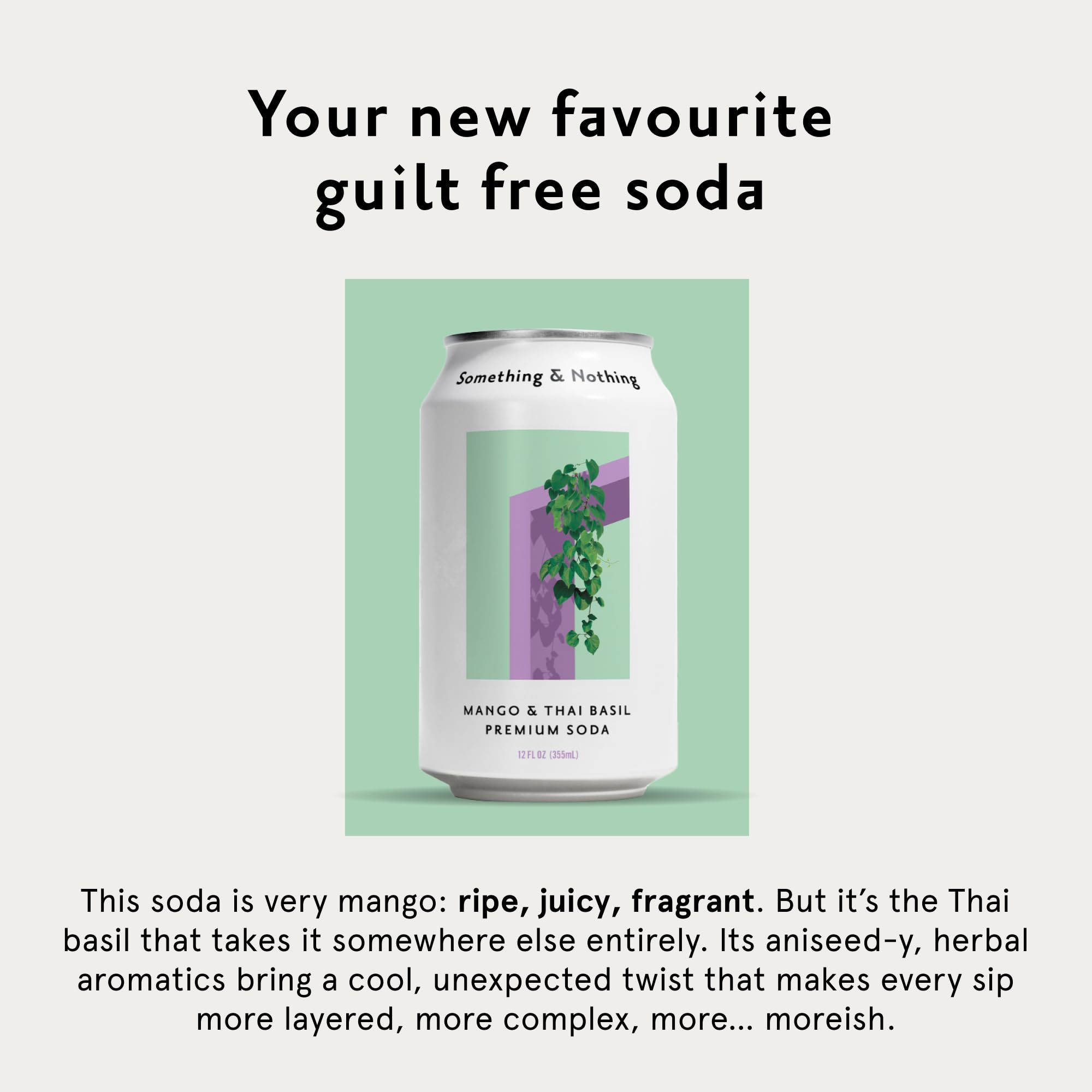 Something & Nothing Mango Thai Basil sparkling water can side view, convenient chilled drink.