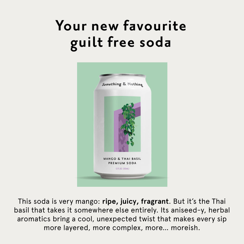 Something & Nothing Mango Thai Basil sparkling water can side view, convenient chilled drink.