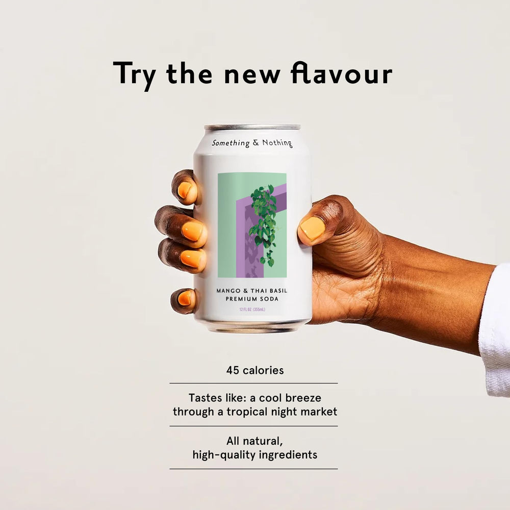 Something & Nothing Mango Thai Basil sparkling water twelve can pack for sharing.
