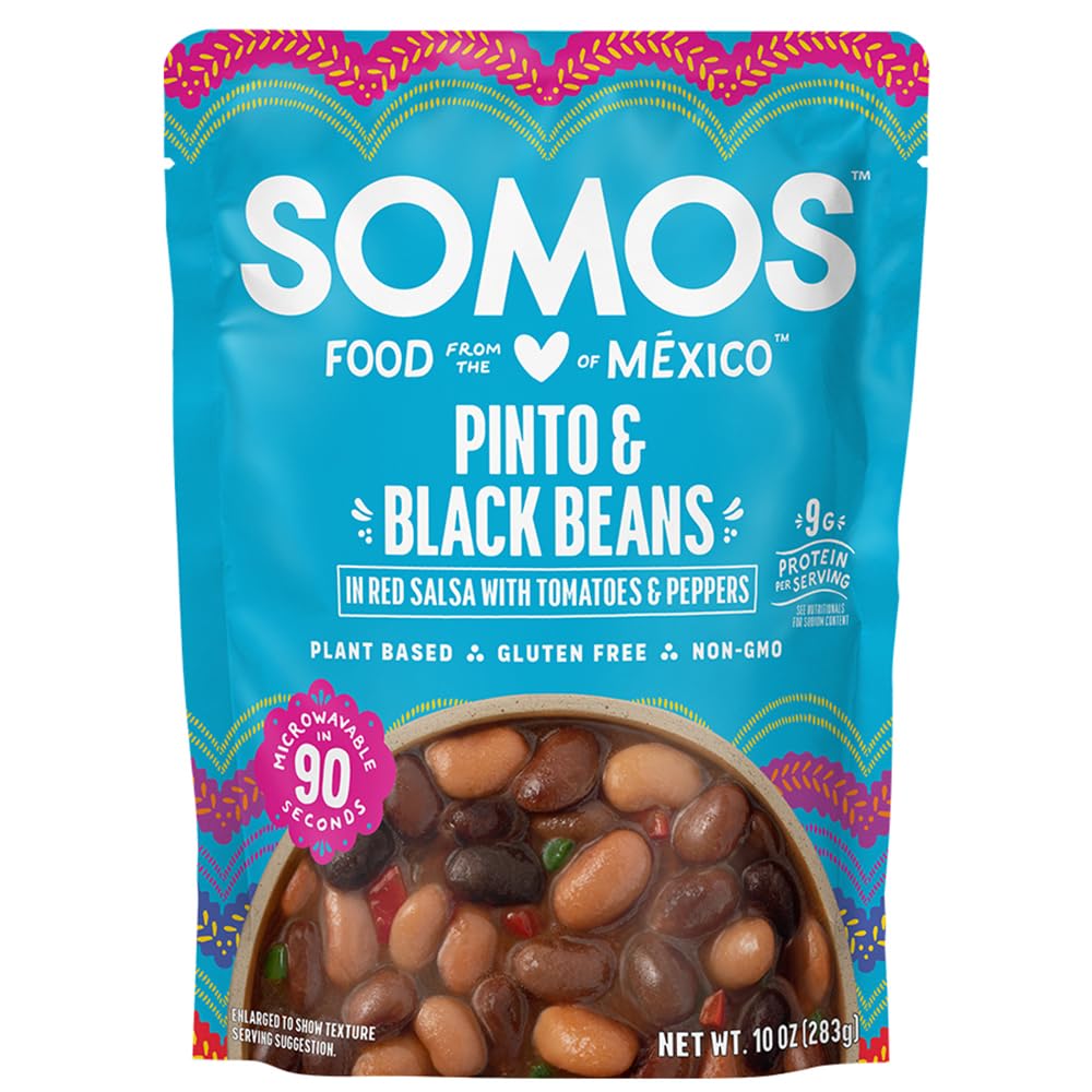 SOMOS Beans Black Pinto packaging highlights premium quality for quick meal prep.