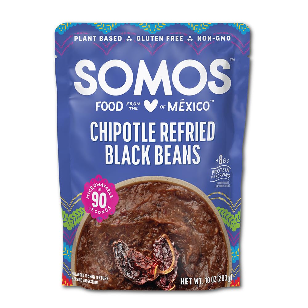 SOMOS Chipotle Refried Black Beans can label displaying smoky flavor and 8g protein per serving.