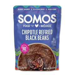 SOMOS Chipotle Refried Black Beans can label displaying smoky flavor and 8g protein per serving.