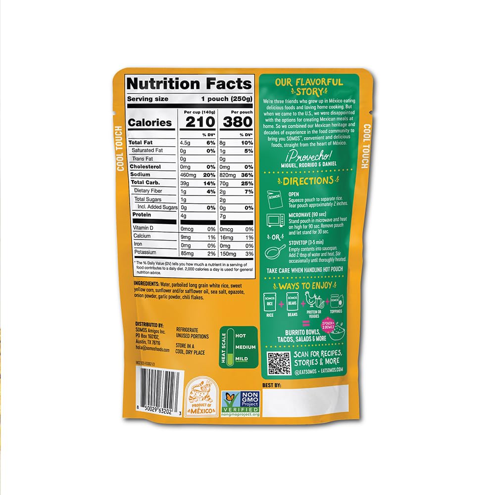 SOMOS Corn White Rice Mexican ingredients image emphasizes quality and additive-free recipe base.
