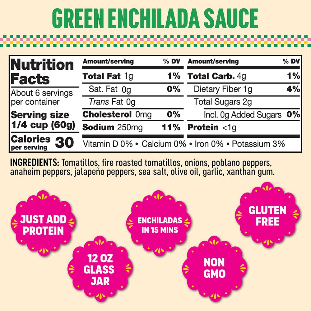 SOMOS Green Enchilada Sauce label closeup, highlights clean ingredients and flavor.