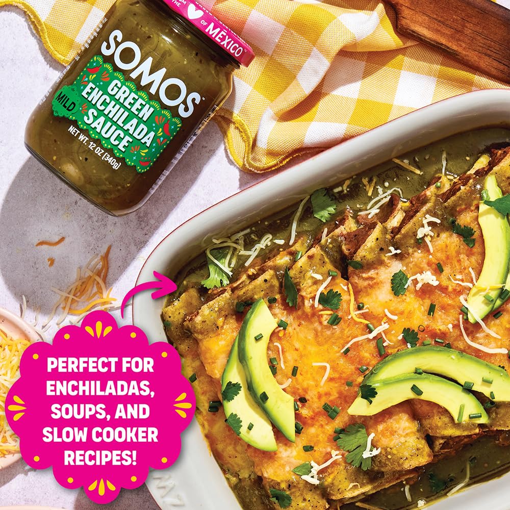 SOMOS Green Enchilada Sauce simmering dish for enriched sauces.