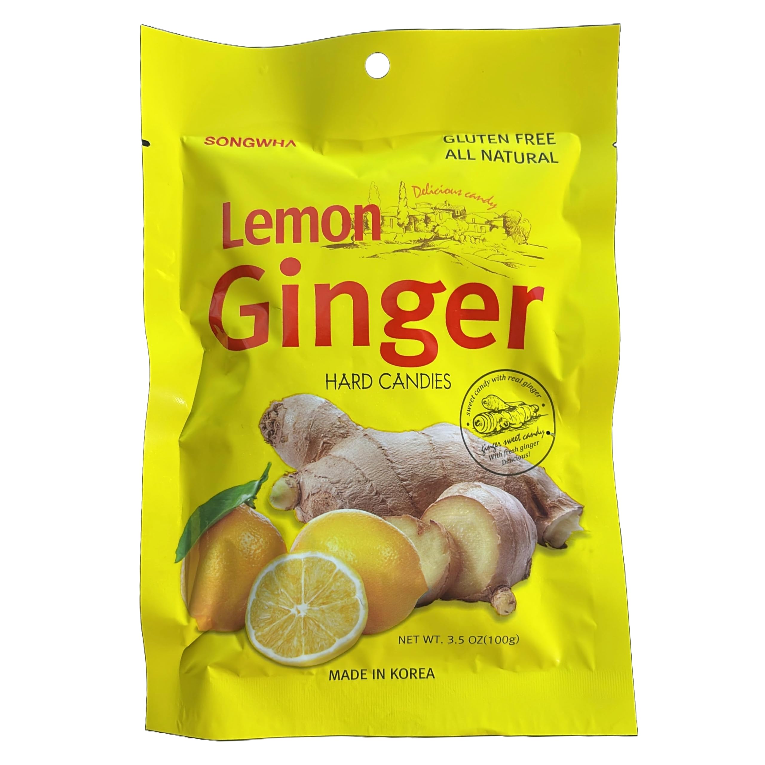 Songwha lemon-ginger hard candies close-up label highlighting citrus zest and ginger warmth for a refreshing moment.