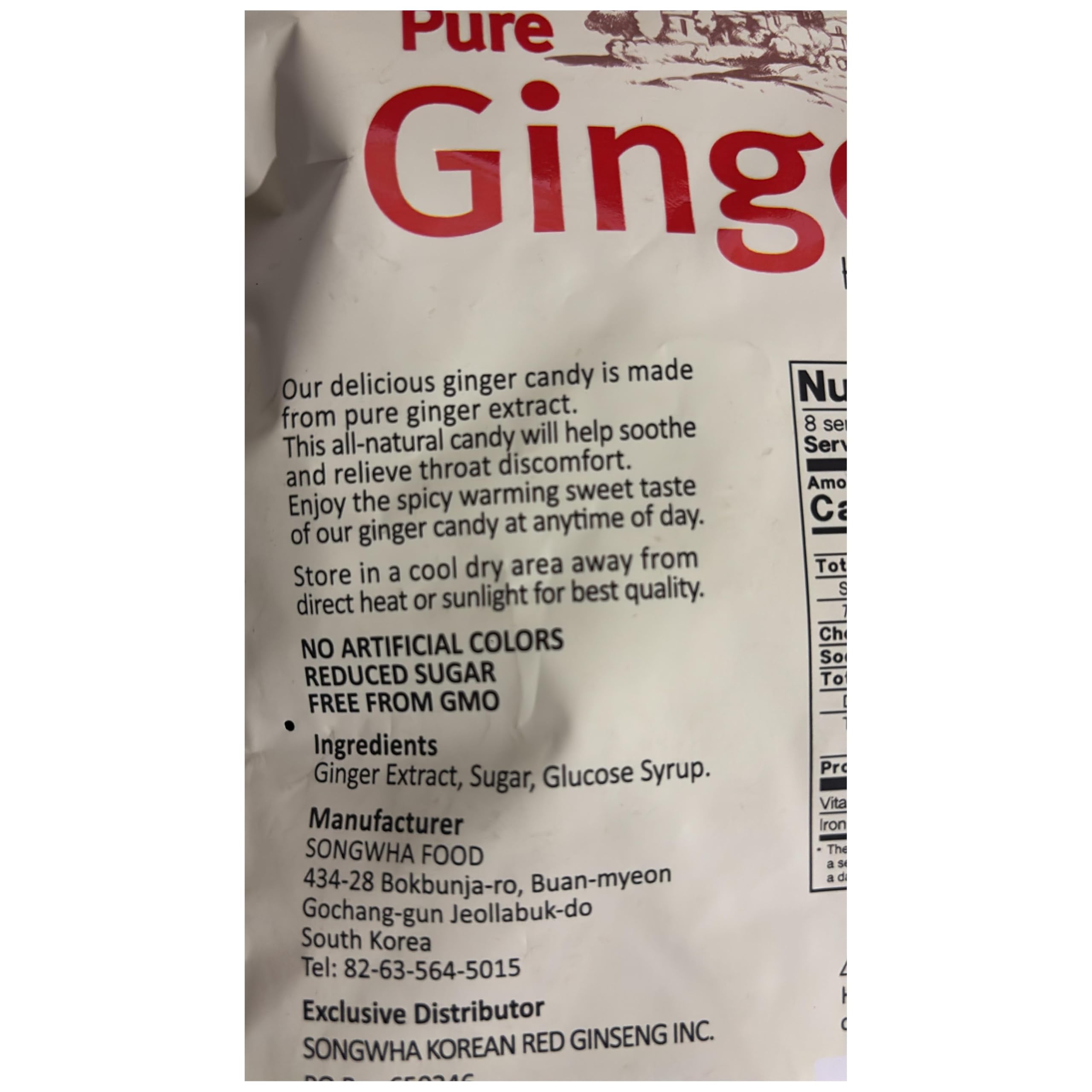 Songwha Pure Ginger Hard Candies gluten-free badge on packaging.