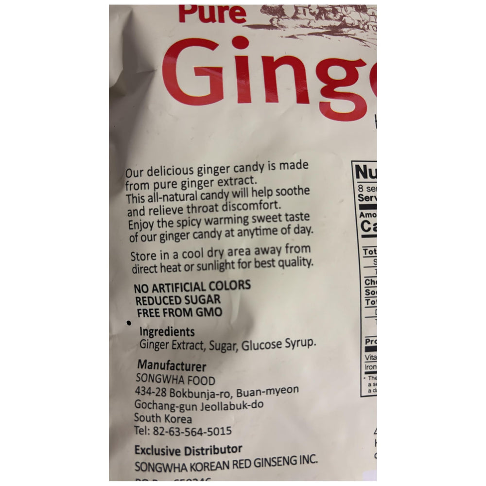 Songwha Pure Ginger Hard Candies gluten-free badge on packaging.