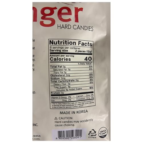 Songwha Pure Ginger Hard Candies ingredients panel emphasizes ginger extract.