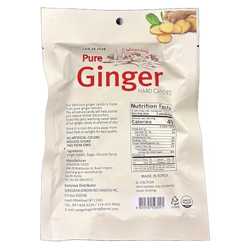 Songwha Pure Ginger Hard Candies label closeup shows natural ingredients.