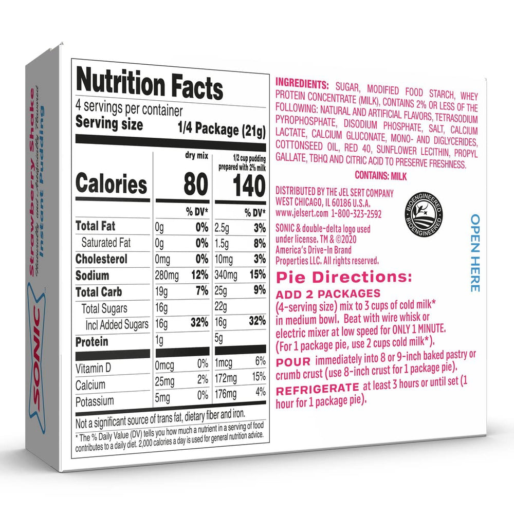 Cup nutrition facts label on Sonic pudding packaging