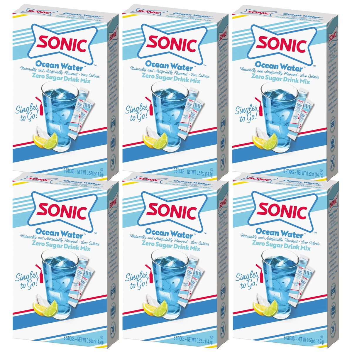 Sonic Singles To Go Ocean Water box front for easy on-the-go hydration.