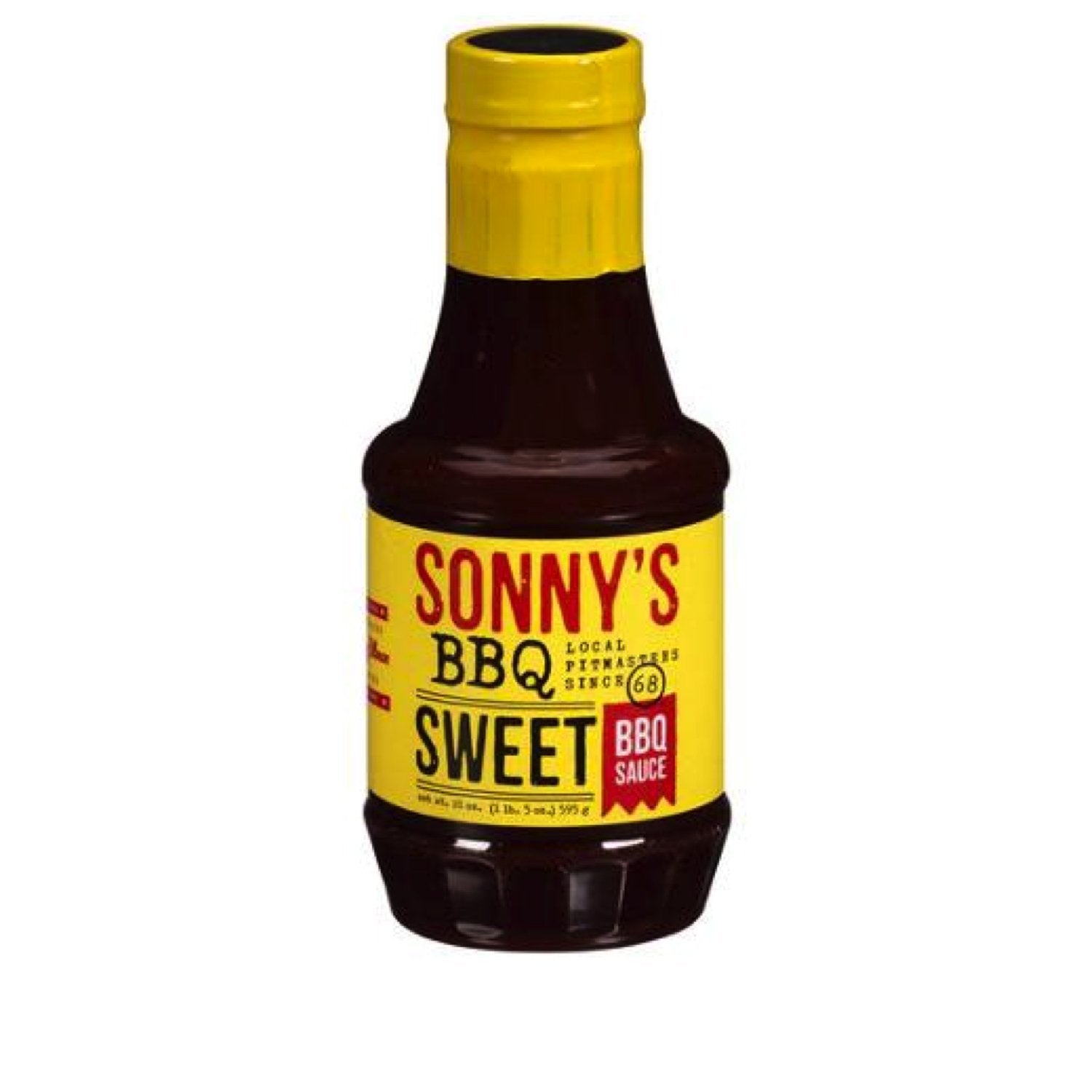 Sonny's BBQ Sweet Real Pit sauce bottle for ribs and pork, enhances smoky flavor.