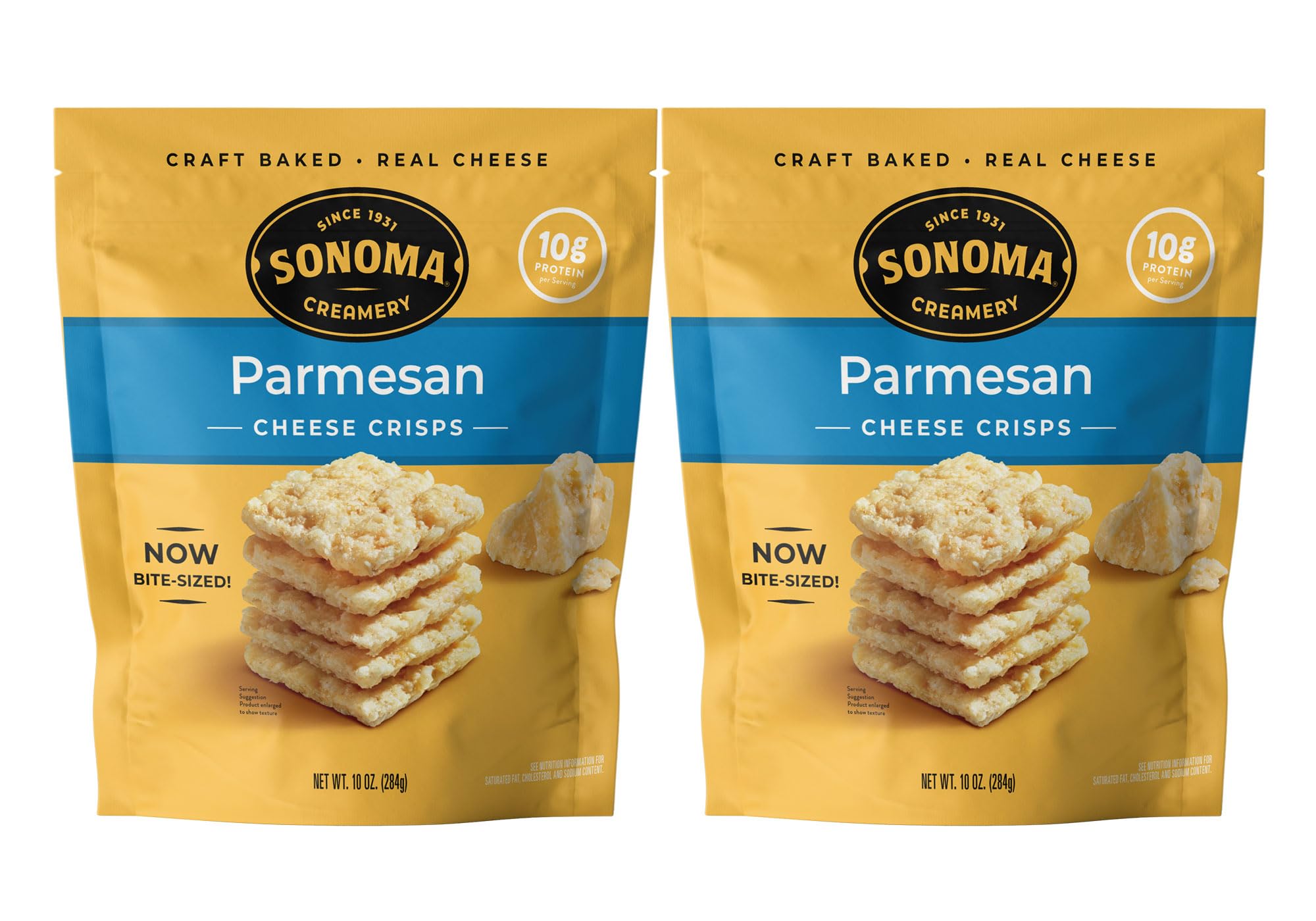 Sonoma Creamery Parmesan cheese crisps packaging, ready-to-enjoy gluten-free snack.