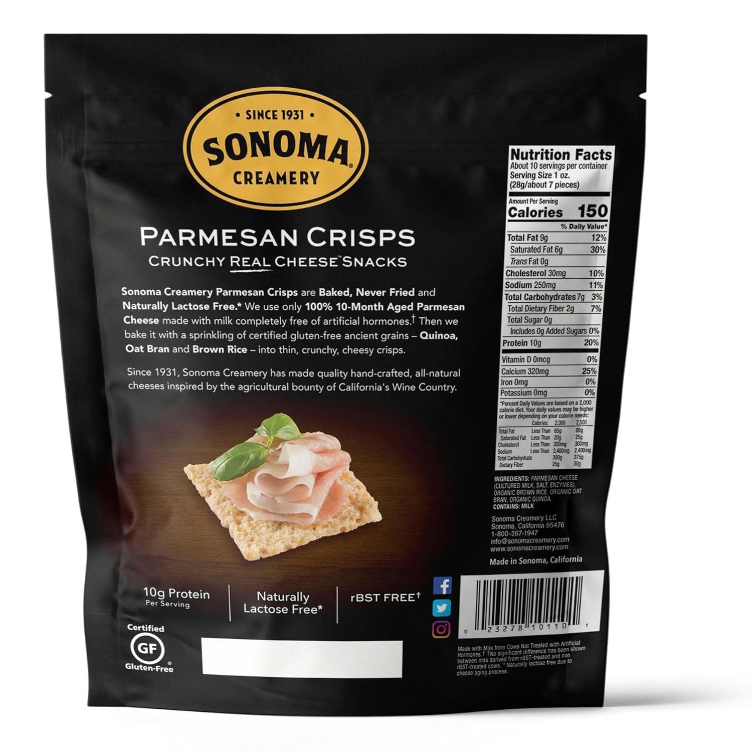 Sonoma Creamery Parmesan cheese crisps in a snack bowl, a crunchy high-protein gluten-free treat.