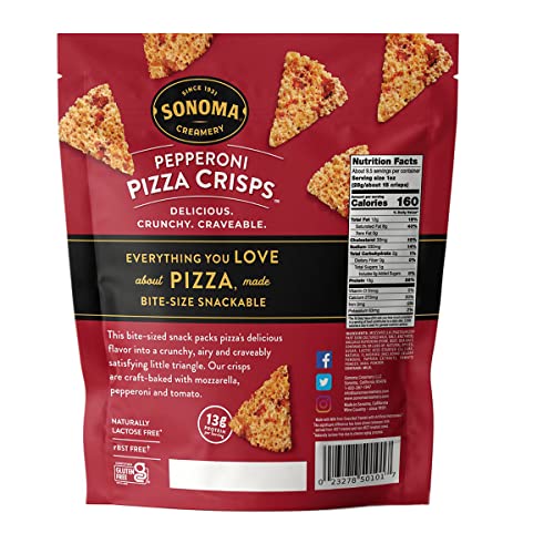 Sonoma Creamery Pizza Crisps Pepperoni ingredients showcases 100% real cheese and gluten-free grains.