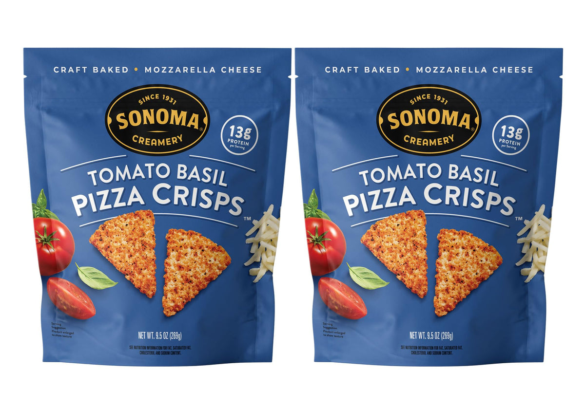 Sonoma Creamery pizza crisps Tomato Basil bite, high protein gluten-free snack for keto-friendly cravings