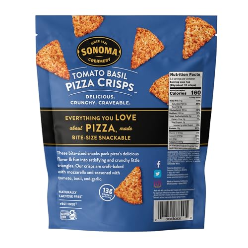 Sonoma Creamery Tomato Basil pizza crisps, crunchy bite ideal for on-the-go snacking and flavor variety
