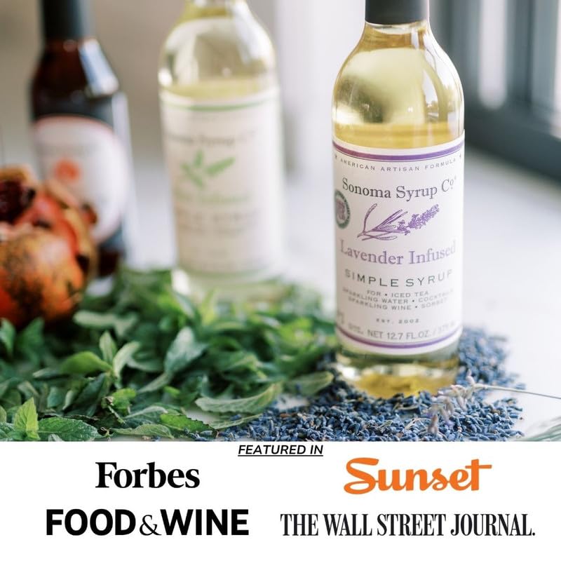 Sonoma Syrup Co lavender flowers sprig beside bottle illustrates natural aromatics for home use.