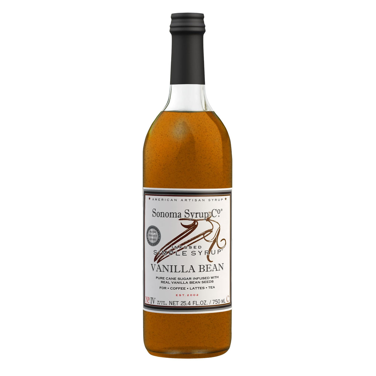 Sonoma Syrup Co Vanilla Bean Infused Simple Syrup bottle close-up enhances coffee flavor