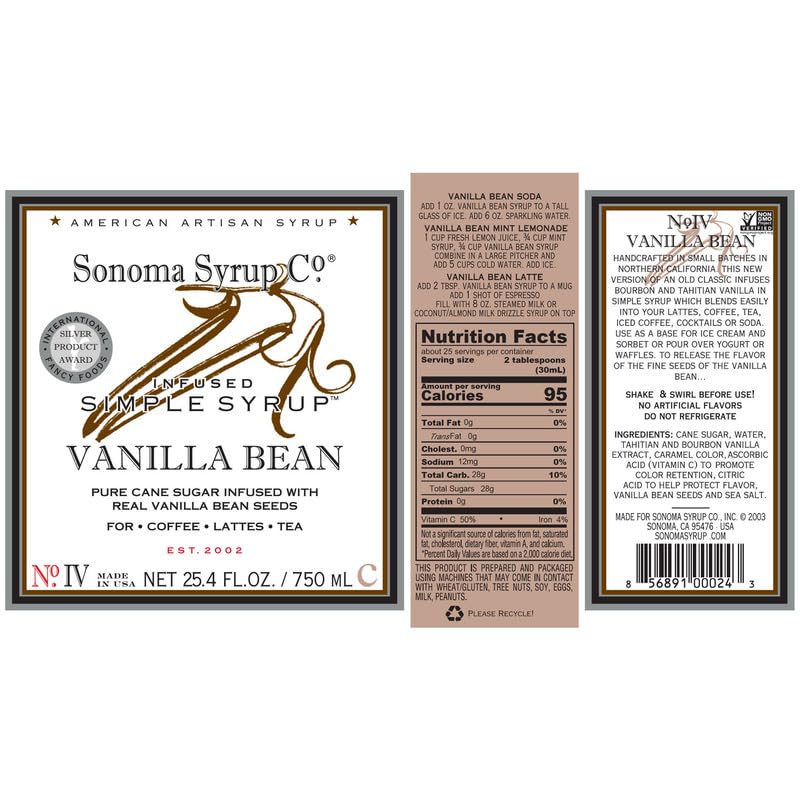 Sonoma Syrup Co Vanilla Bean Infused Simple Syrup glass bottle close-up for vanilla aroma