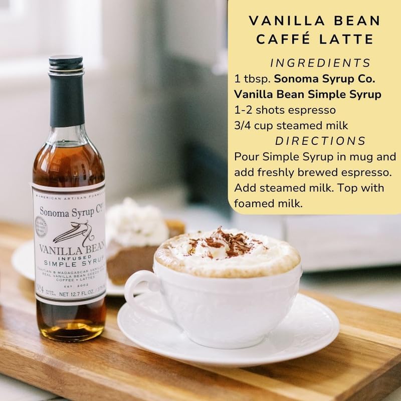 Glass bottle of Sonoma Syrup Co. Vanilla Bean Infused Simple Syrup on kitchen counter.