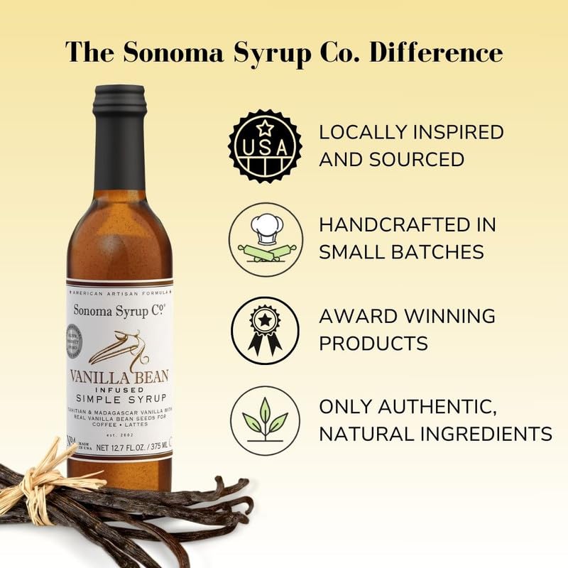 Pouring Sonoma Syrup Co. Vanilla Bean Infused Simple Syrup adds vanilla aroma to a drink.