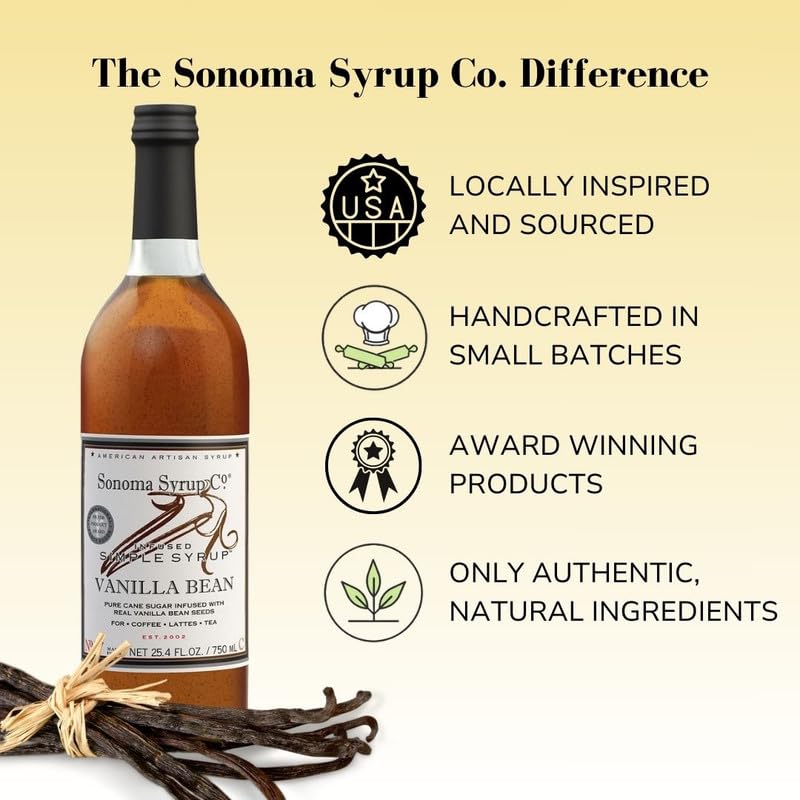 Sonoma Syrup Co Vanilla Bean Infused Simple Syrup pour-spout image suggests baking vanilla glaze