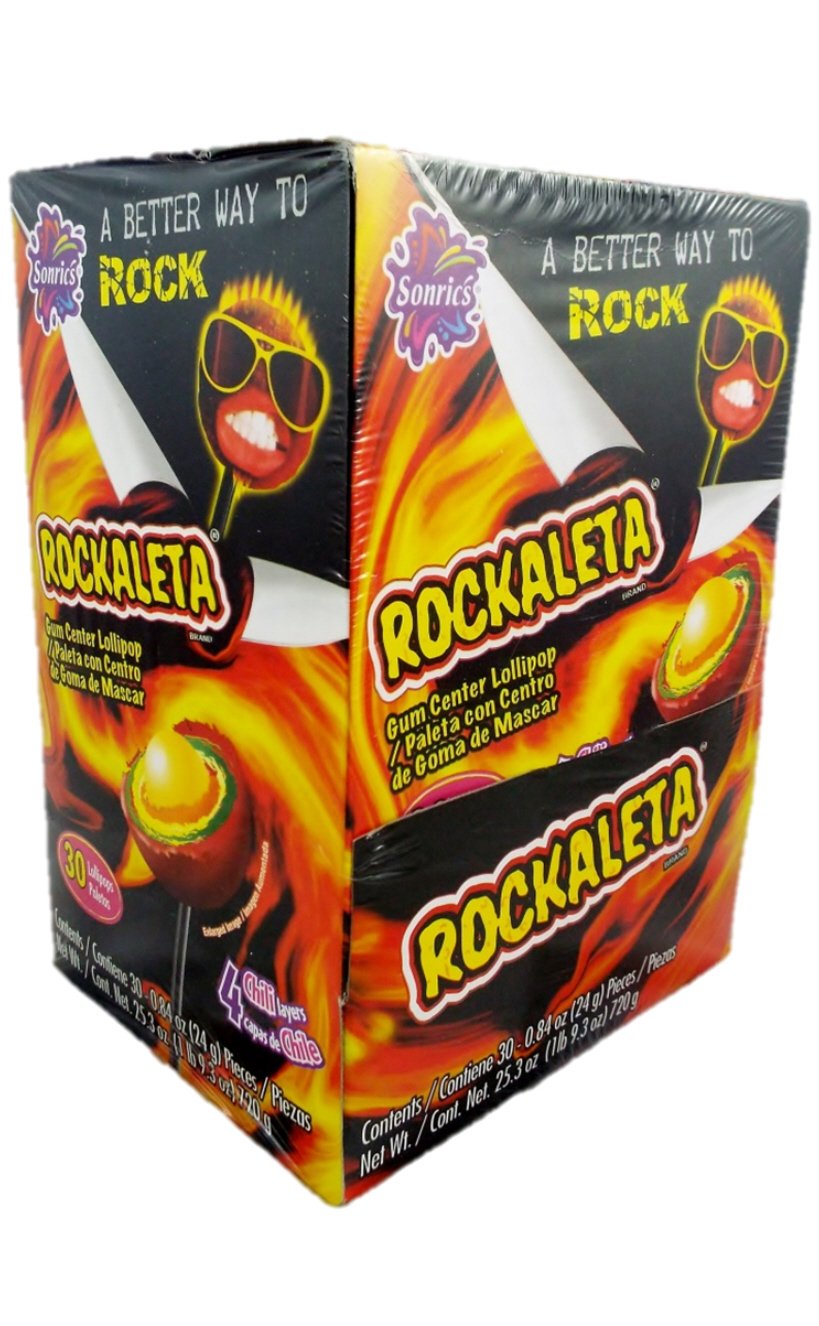 Sonrics Rockaleta chili layered lollipop with gum center, vivid color perfect for parties.