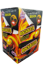Sonrics Rockaleta chili layered lollipop with gum center, vivid color perfect for parties.