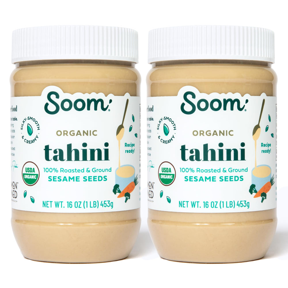Soom Organic Tahini 16oz two-pack bottle front, creamy sesame paste for hummus.