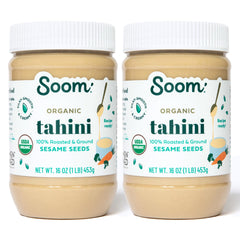 Soom Organic Tahini 16oz two-pack bottle front, creamy sesame paste for hummus.