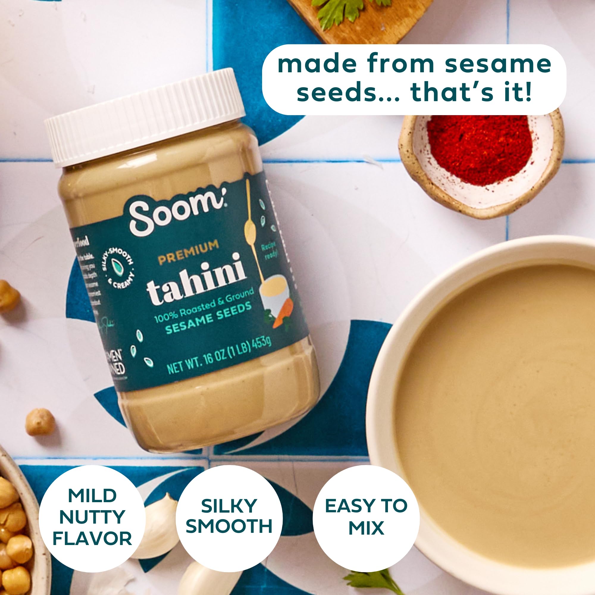 Soom Premium Tahini bottle pour—smooth stream for drizzling over bowls and hummus.