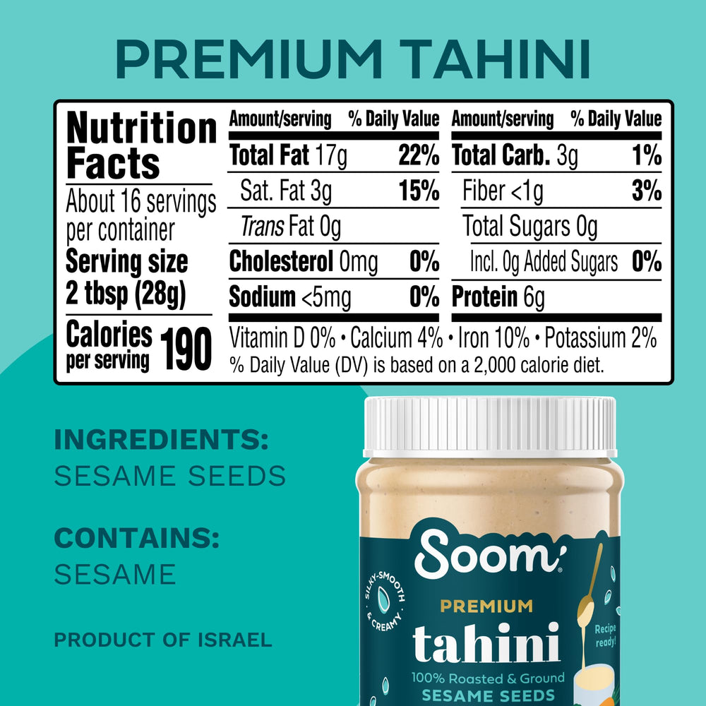 Soom Premium Tahini jar closeup—silky texture ideal for whisking into sauces.